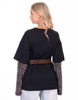 חולצה שרוול מנומר שילוב חגורה