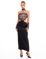 שמלת סאטן שילוב כפפות וקולר תחרה