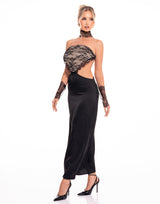 שמלת סאטן שילוב כפפות וקולר תחרה