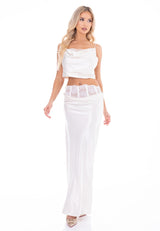 חליפת חצאית סאטן שילוב תחרה