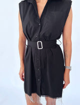 שמלה מכופתרת שילוב חגורת אבנים