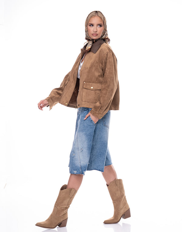 ג׳קט סויד צווארון דמוי עור