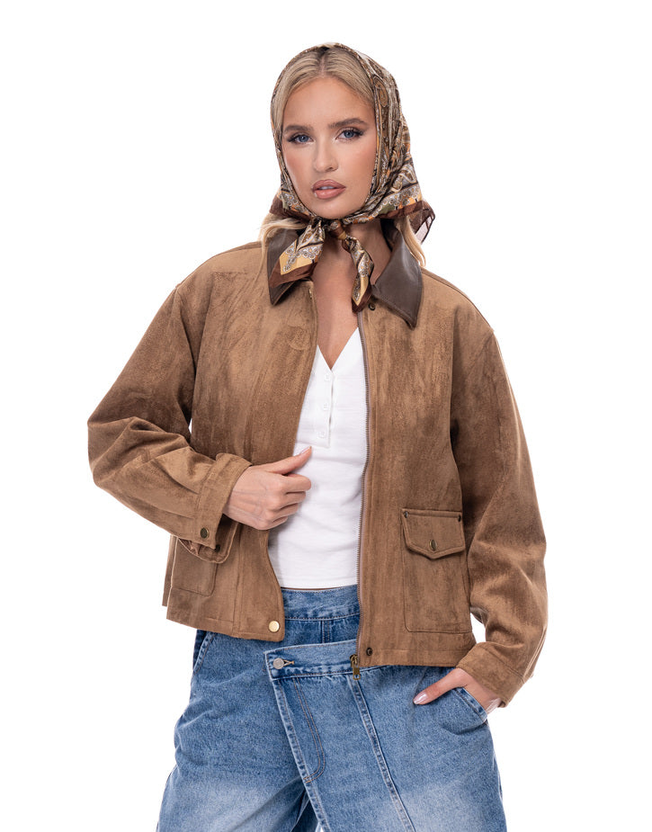 ג׳קט סויד צווארון דמוי עור