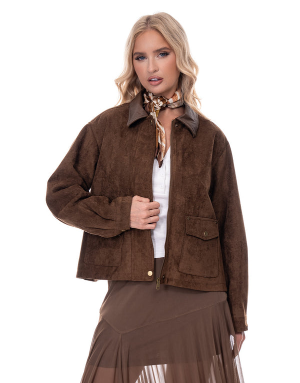 ג׳קט סויד צווארון דמוי עור