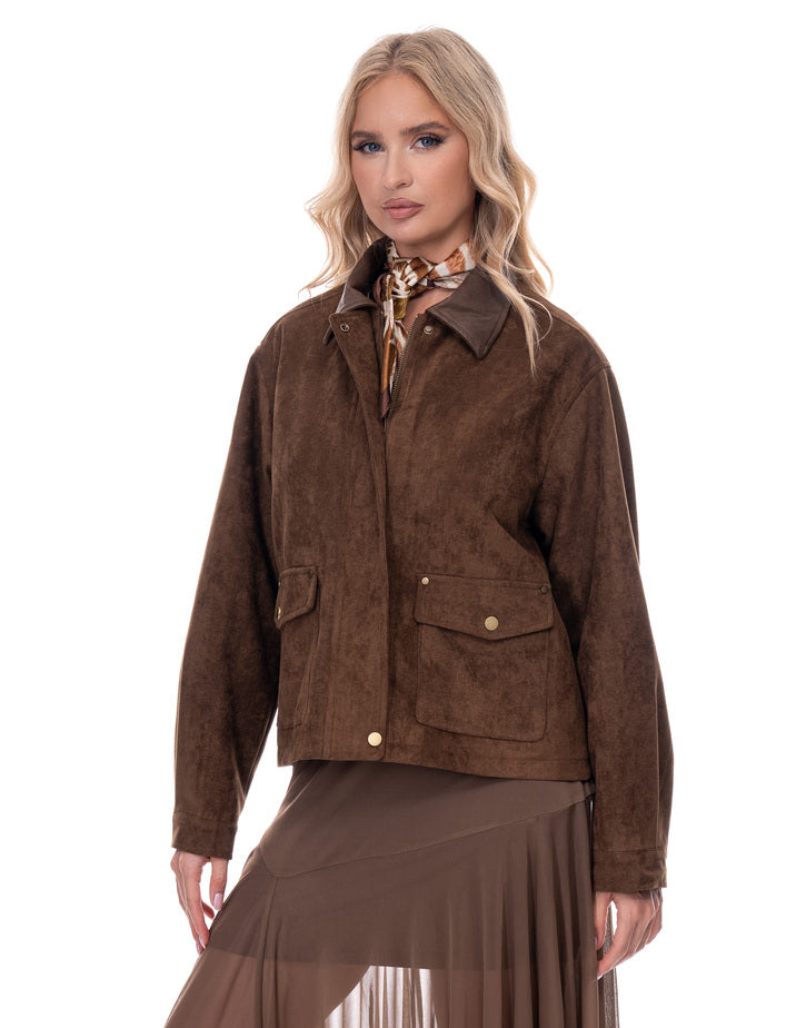 ג׳קט סויד צווארון דמוי עור