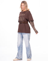 חולצה שרוול מנומר שילוב חגורה