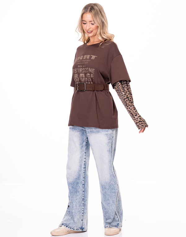 חולצה שרוול מנומר שילוב חגורה