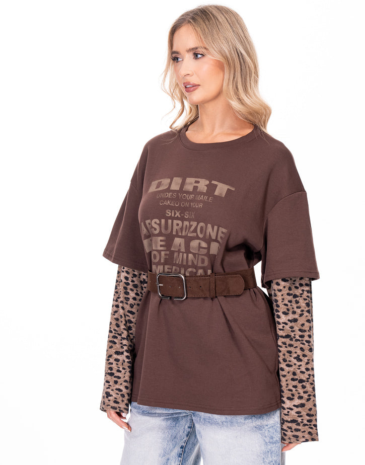 חולצה שרוול מנומר שילוב חגורה