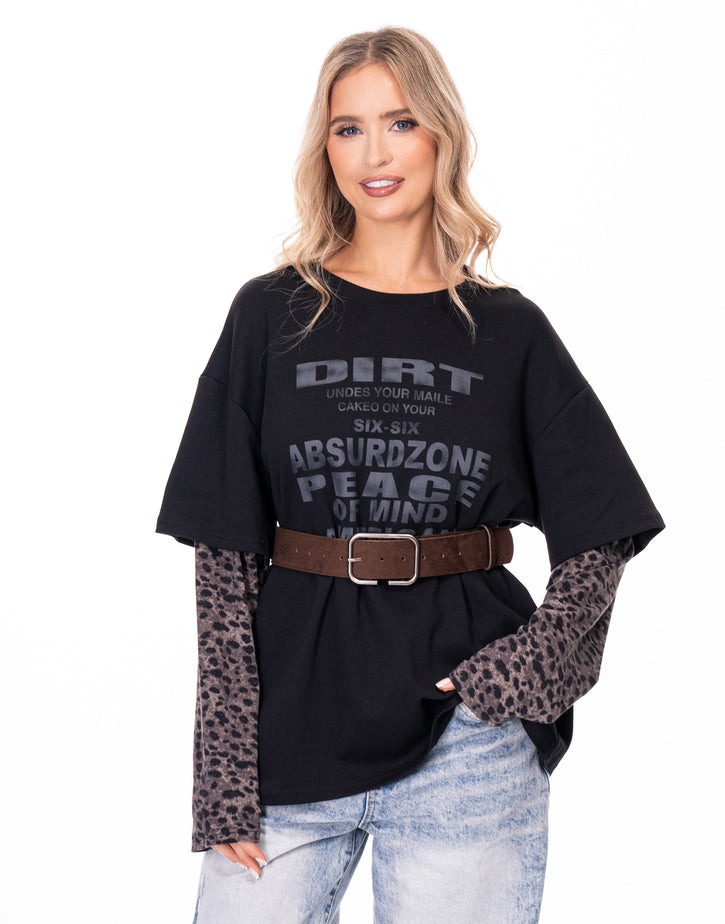 חולצה שרוול מנומר שילוב חגורה