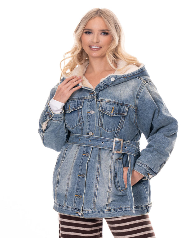 ג׳קט ג׳ינס פרווה שילוב חגורה