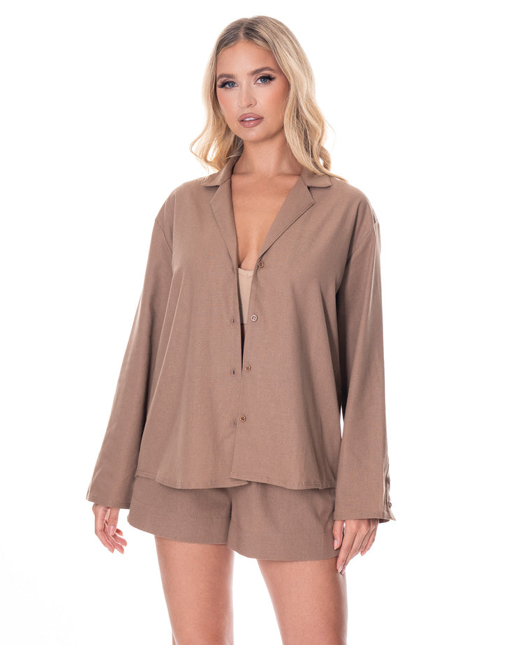 חליפת פשתן שורט גומי (חום)